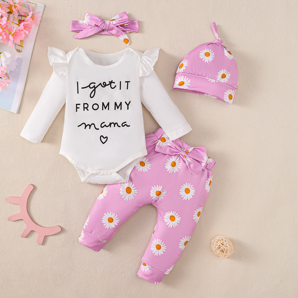 Baby Girl Cotton Romper 4-piece Set
