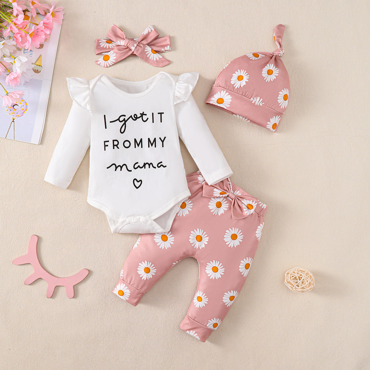 Baby Girl Cotton Romper 4-piece Set