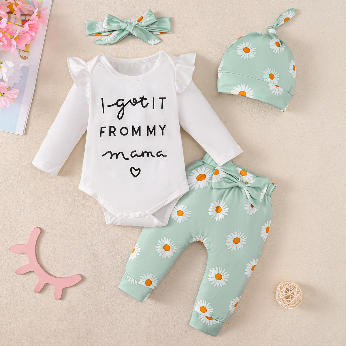 Baby Girl Cotton Romper 4-piece Set